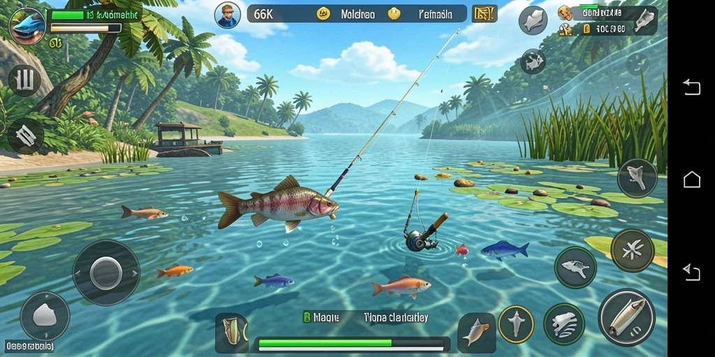 Tampilan gameplay <strong>66K</strong> saat menangkap ikan di pemandangan indah.