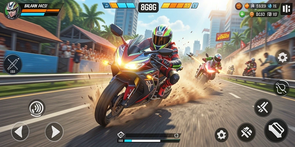 Tampilan gameplay mendebarkan dari balapan motor di 8G8G.