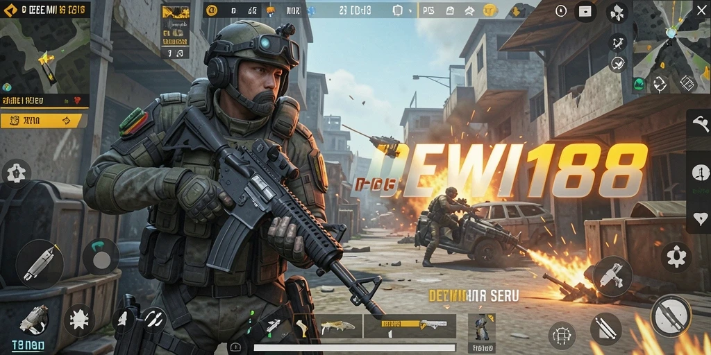 Tampilan gameplay intens DEWI188 yang menampilkan aksi tembak-menembak.
