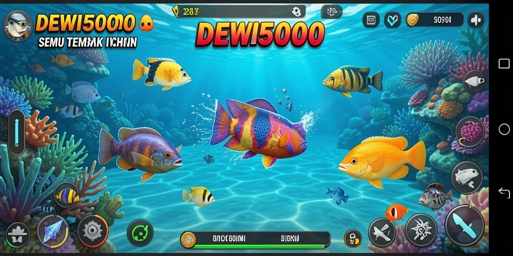 Screenshot utama DEWI5000 menampilkan aksi menembak ikan yang seru.