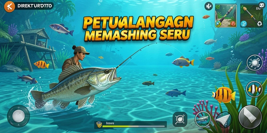 Screenshot menunjukkan pemain menangkap ikan besar dalam petualangan memancing.