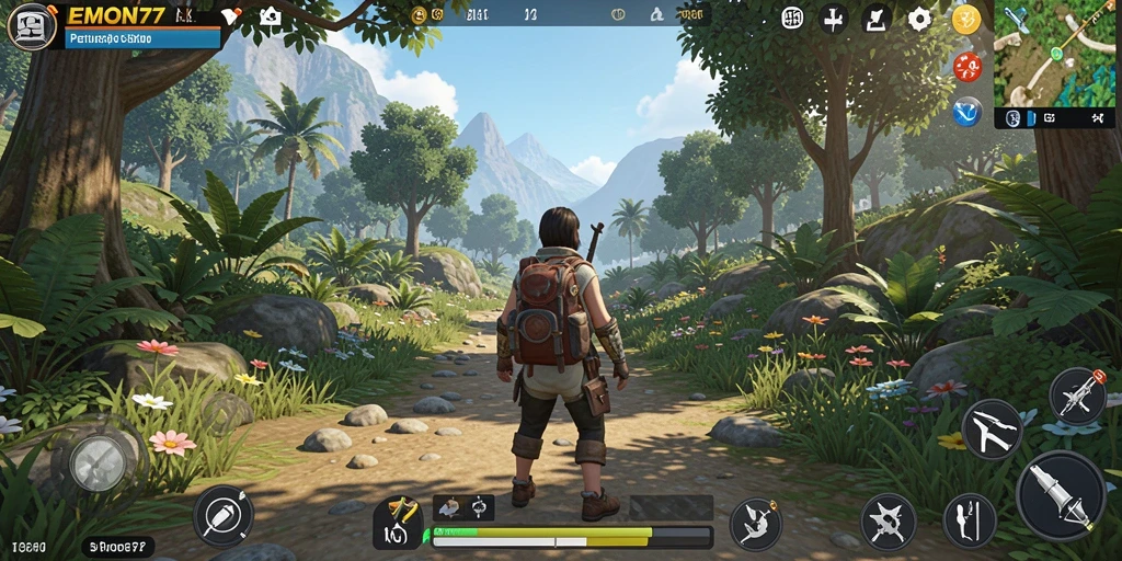 Tampilan gameplay <strong>EMON77</strong> dengan dunia terbuka yang luas dan indah.