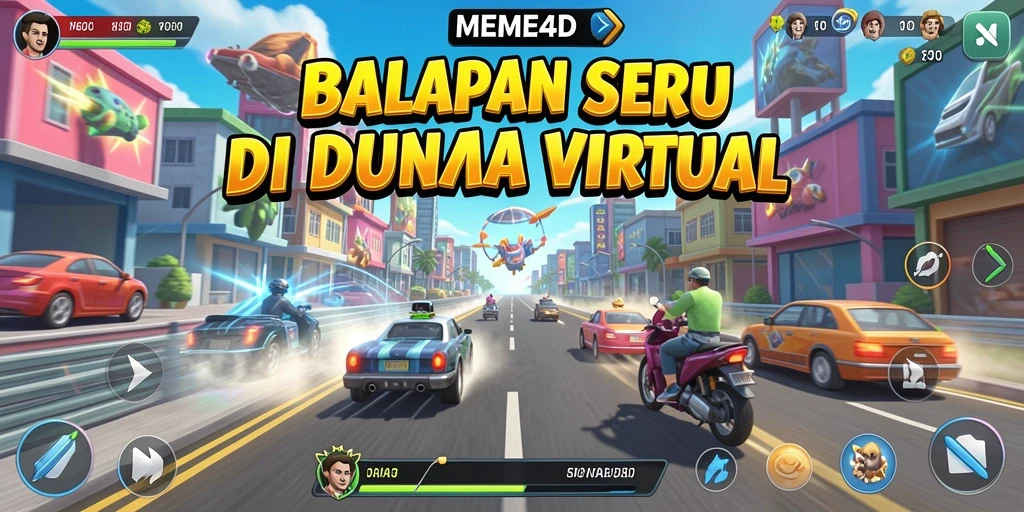 Screenshot utama MEME4D menampilkan aksi balapan yang seru dan mendebarkan.