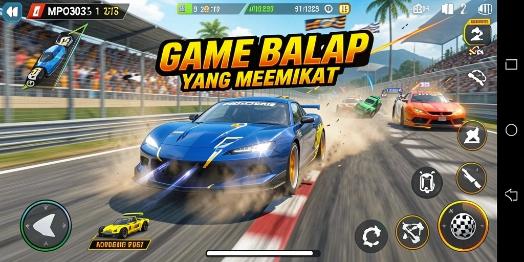 Gameplay MPO303 menampilkan aksi balap yang mendebarkan dan mobil berkecepatan tinggi.