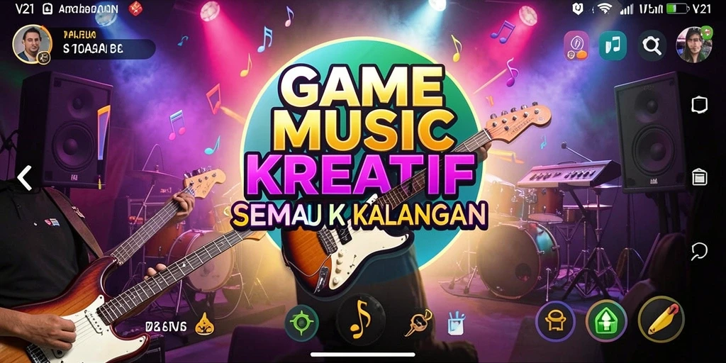 Tampilan gameplay V21 yang menakjubkan dengan alat musik virtual.